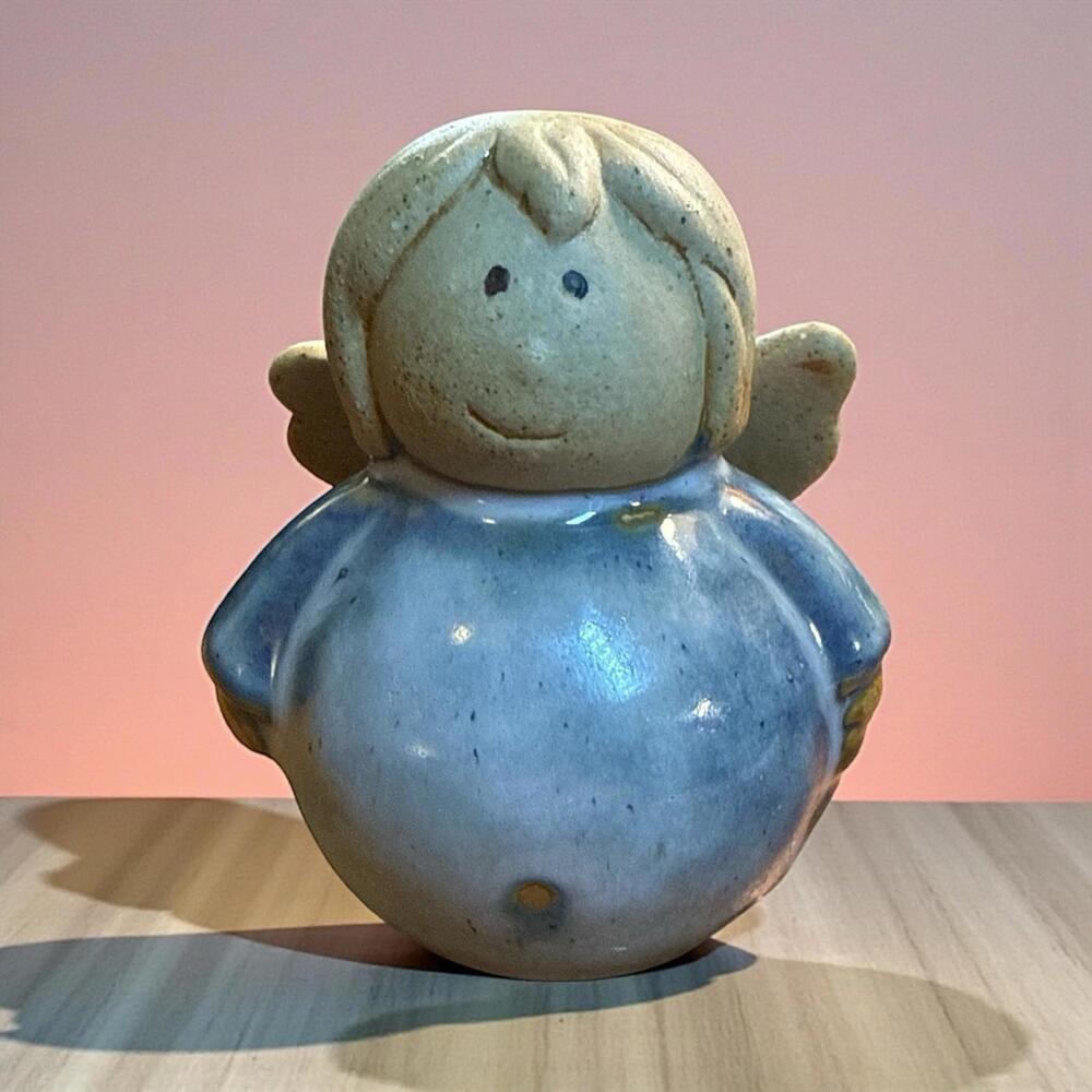 Rustic Earthenware Pottery Blue Glazed Angel 3.5" Figurine